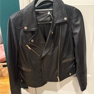 Black Leather Jacket with Asymmetrical Zipper and Notched Lapel